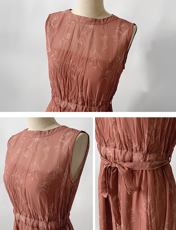 ワンピース ロングワンピース ノースリーブ インナー付き シフォン 花柄 ハイネック リボンベルト付き 襟後ろリボン ハイウエスト 送料無料 |  | 13