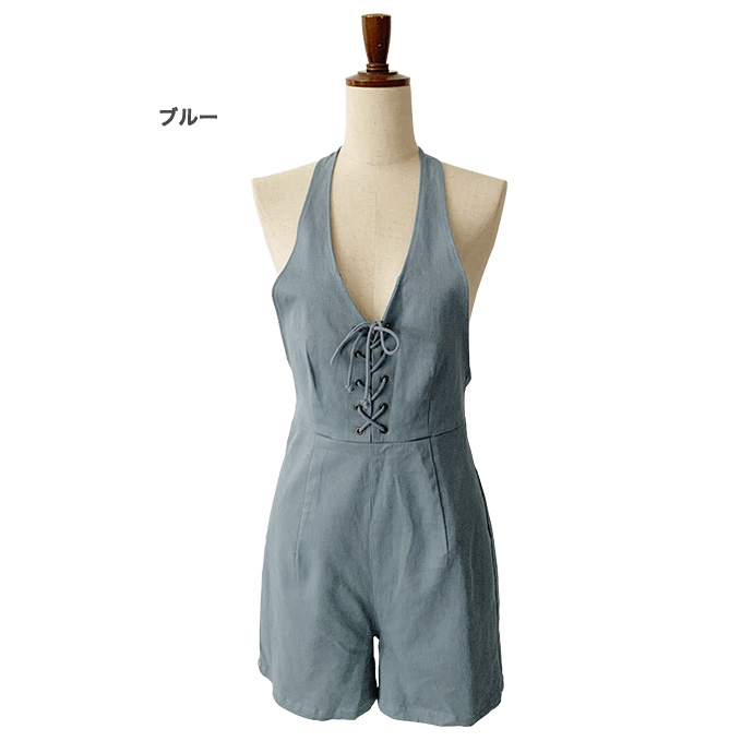 サロペット ショート丈 ショートパンツ ホルターネック 背中あき