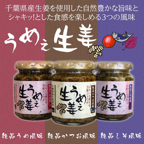千葉県産生姜を使用、3つの風味かつお。うめ。しそ。