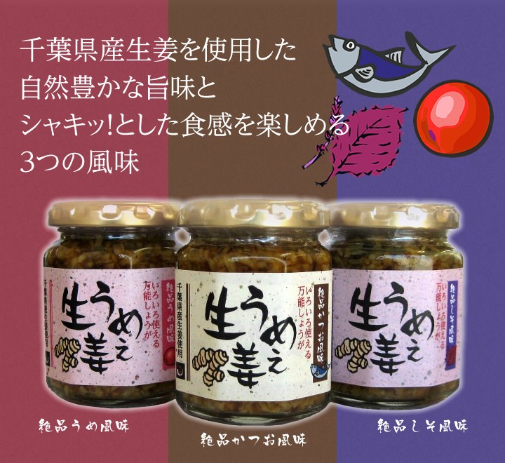 千葉県産生姜を使用、3つの風味かつお。うめ。しそ。