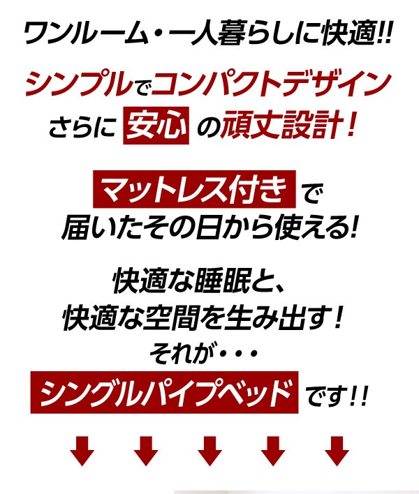 シンプル&コンパクトデザイン!シングルパイプベッド【-Chess-チェス】(フレーム+ロール梱包のポケットコイルマットレス)