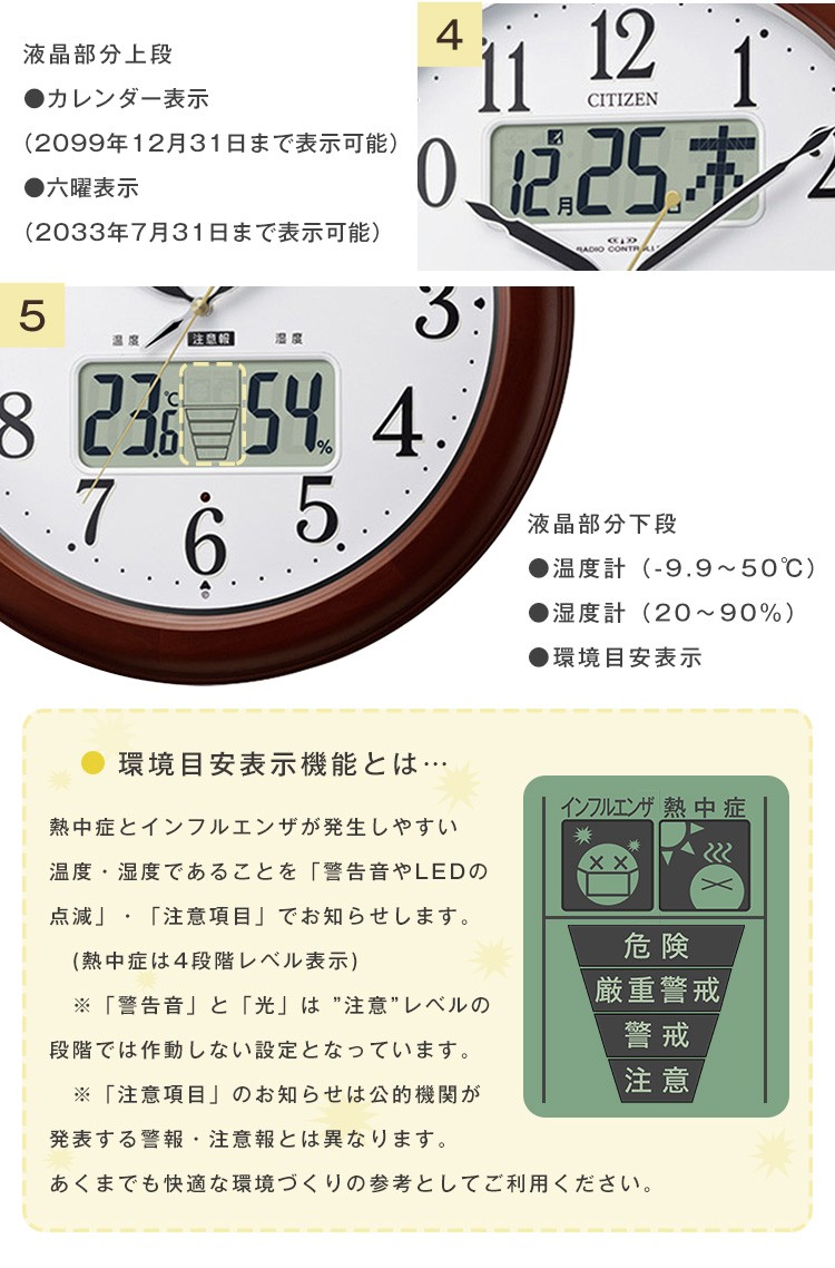 掛時計 壁掛け シチズン 電波時計 正確 狂わない カレンダー 湿度計
