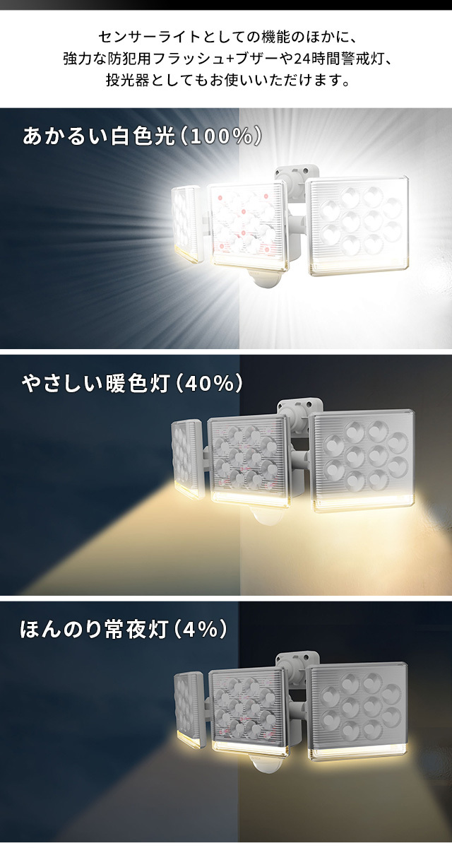 12W×3灯 フリーアーム式 LED 人感センサー ライト 防犯グッズ 遠隔操作