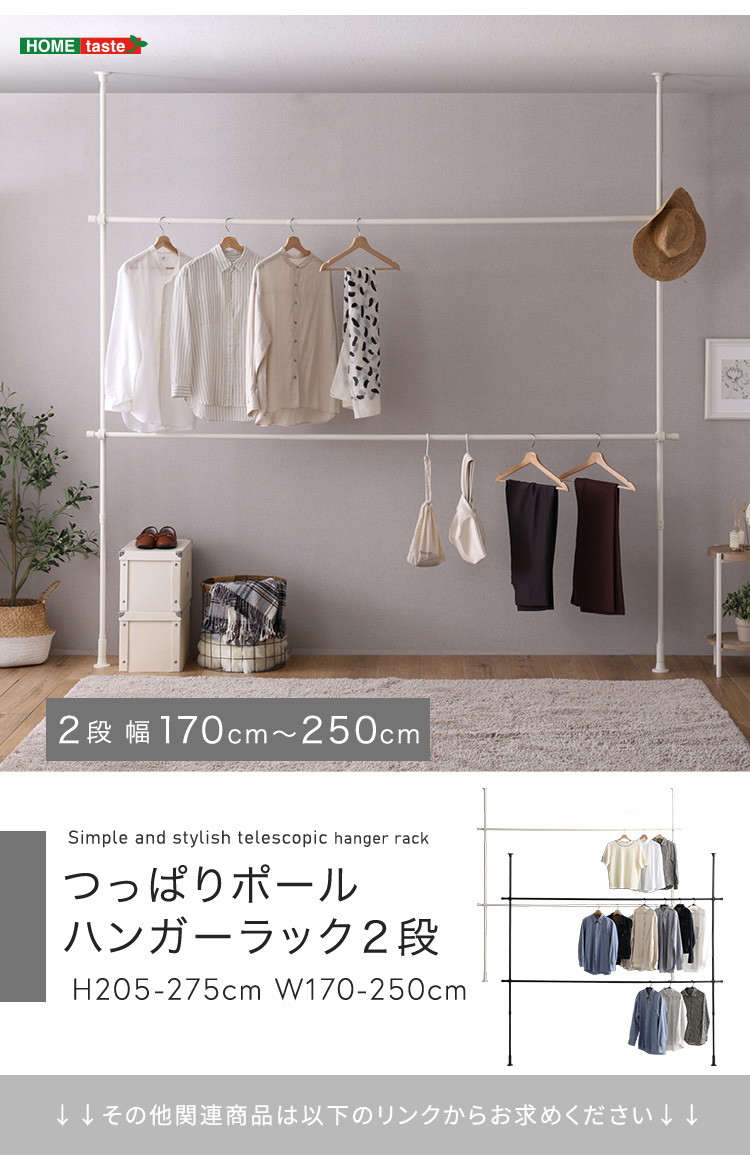 ホームテイスト つっぱりハンガーラック 2段 幅250cm ポール