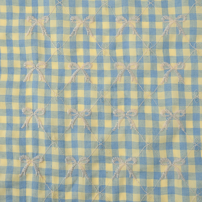 生地 布 カラフルチェックリボン刺繍 130×50cm カットクロス | 布地
