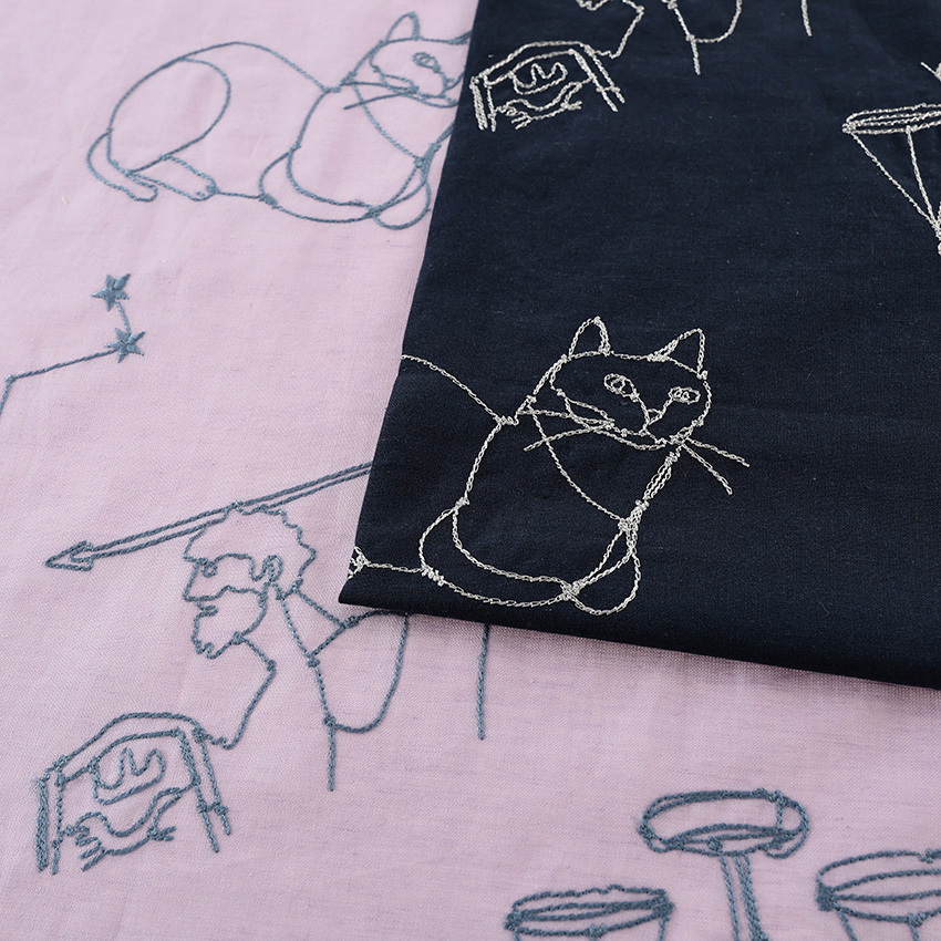 HAyU fabric 刺繍 猫柄 綿麻シーチング 50cm単位｜切売り 切り売り