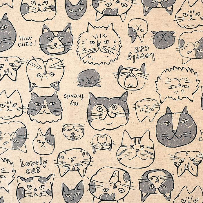 Doodle Animal Cats face 綿麻キャンバス 50cm単位 | 切売り 切り売り