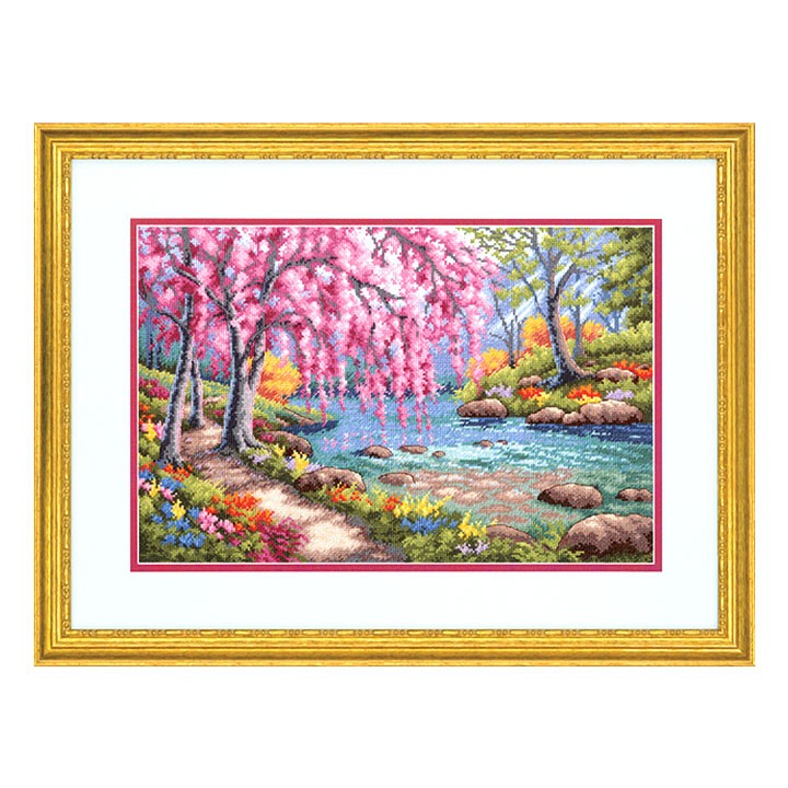 アンティーク ポワンドパリ 桜草 オーキッド イニシャルKＭ 鳥刺繍 ドイリー 刺繍キット Dimensions 70-35374 Cherry Blossom Creek チェリー