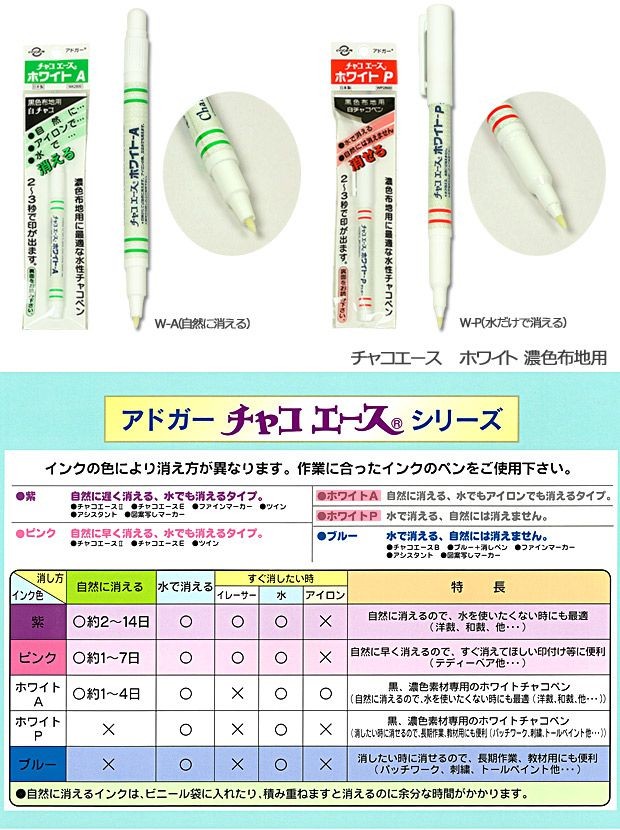 チャコエース ホワイト 濃色布地用｜チャコペン 自然に消える 水で