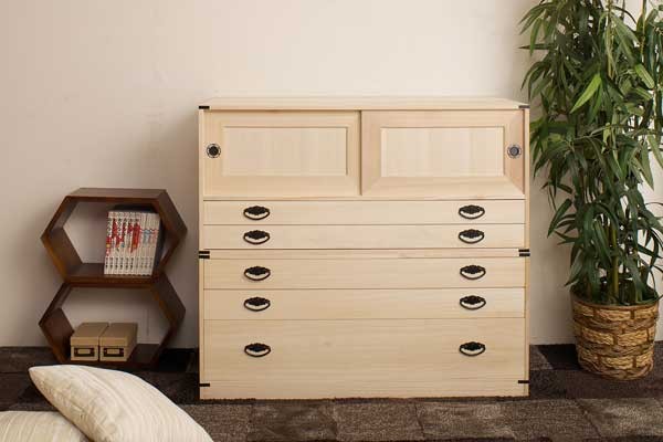 引き戸付き 引き出し5段 高さ90cm 着物収納 桐 チェスト タンス 箪笥