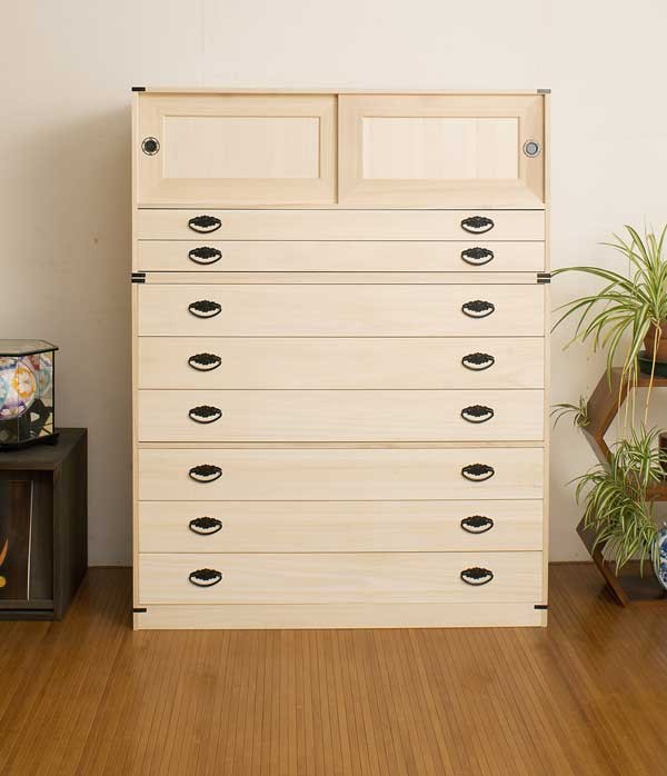 引き戸付き 引き出し8段 高さ129cm 着物収納 桐 チェスト タンス 箪笥