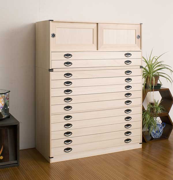 引き戸付き 引き出し12段 高さ129cm 着物収納 桐 チェスト タンス 箪笥