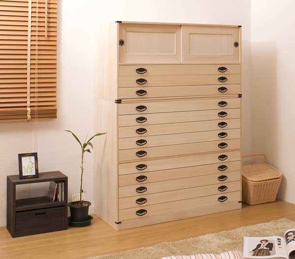 引き戸付き 引き出し13段 高さ137cm 着物収納 桐 チェスト タンス 箪笥