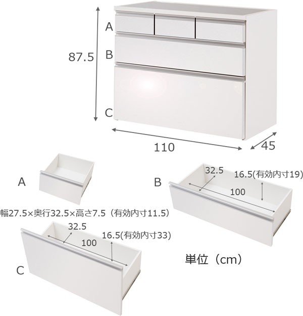 キッチンカウンター チェスト 3段 引き出し5杯 艶出しホワイト 幅110