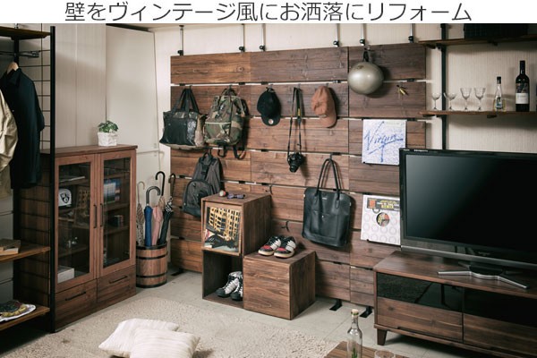 壁面ラック 突っ張り 天然木杉材 スチール ヴィンテージ風 フック付き 