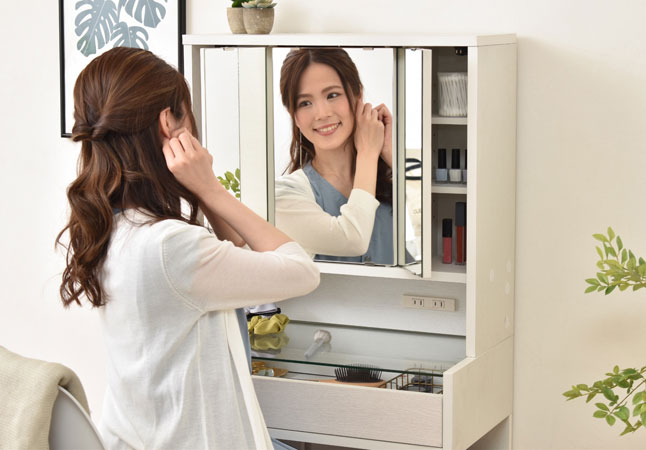 木製 卓上ドレッサー 三面鏡 収納付き 卓上ドレッサー 三面鏡 収納付き コンセント付き 幅60 高さ58 木製