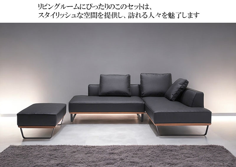 カウチソファ ウッドフレーム 革 ソファセット 3点セット レザー