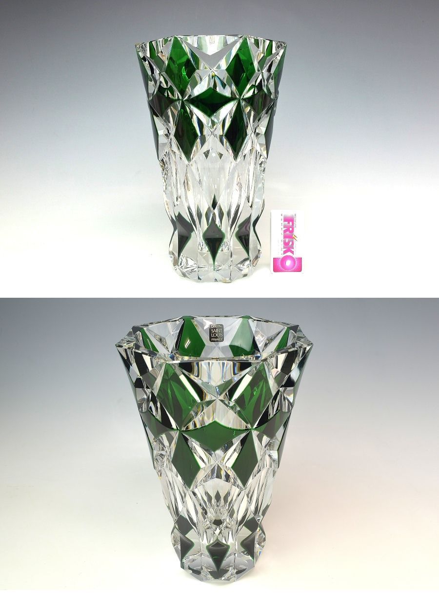 得価フランスガラス工芸　サンルイ　ＳＡＩＮＴ　ＬＯＵＩＳ　グリーン被せ八角花瓶　高さ２５， ３ｃｍ　本物保証　Ｆ１６７１ 工芸ガラス