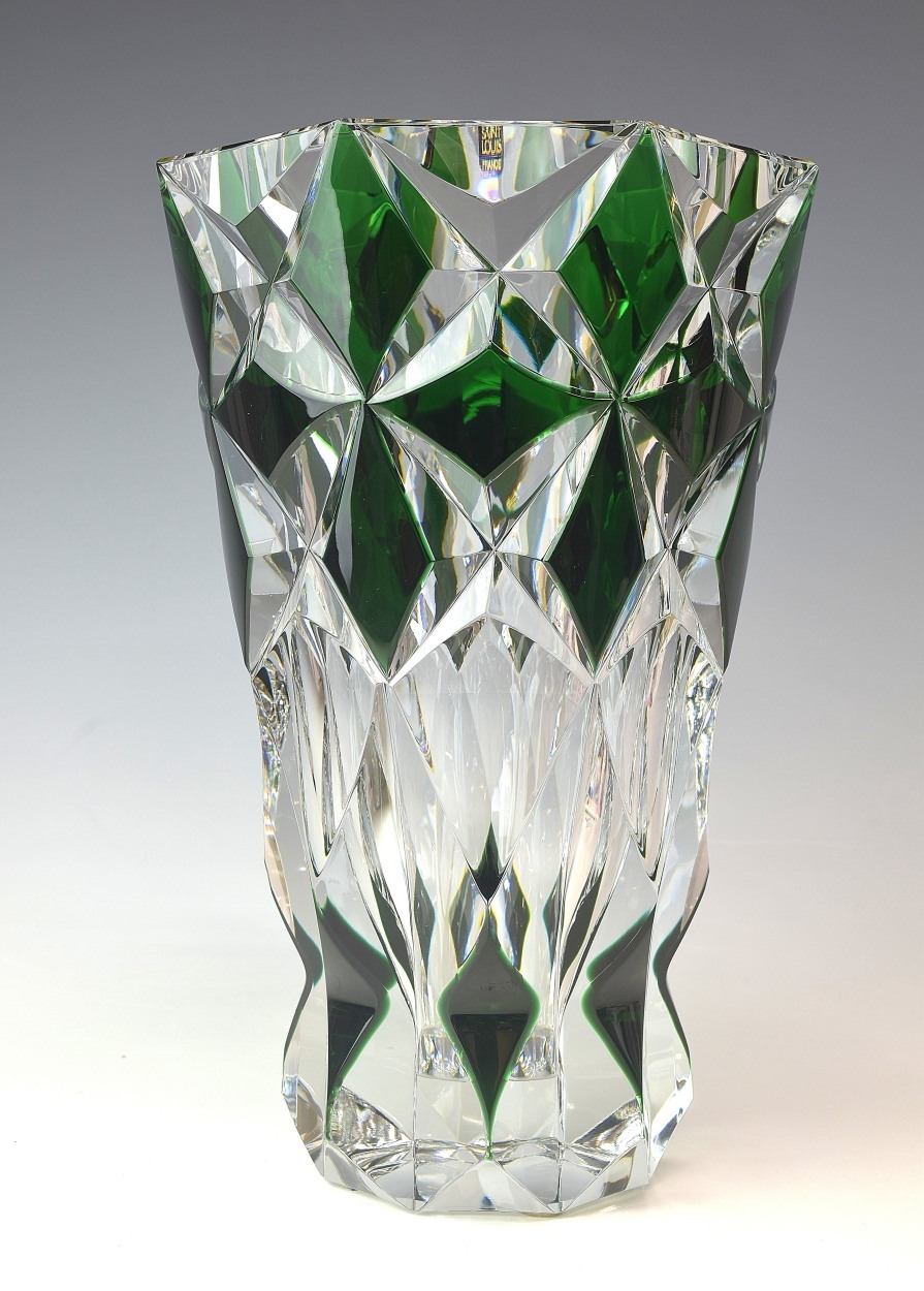 全国無料新作フランスガラス工芸　サンルイ　ＳＡＩＮＴ　ＬＯＵＩＳ　グリーン被せ八角花瓶　高さ２５， ３ｃｍ　本物保証　Ｆ１６７１ 工芸ガラス