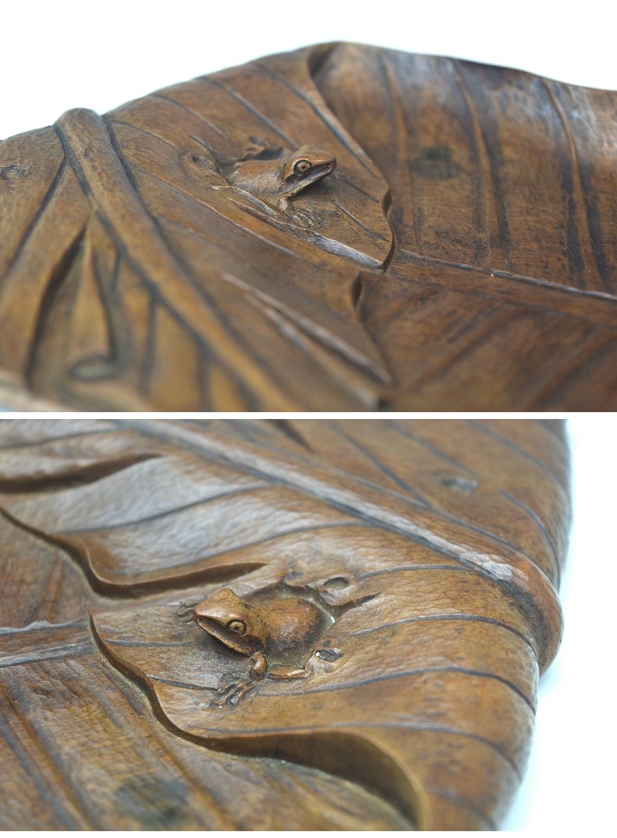 人気定番低価煎茶道具　時代　鑿彫り　木彫り蛙付葉盆　幅５２ｃｍ　Ｐ１７０１ 木工、竹工芸