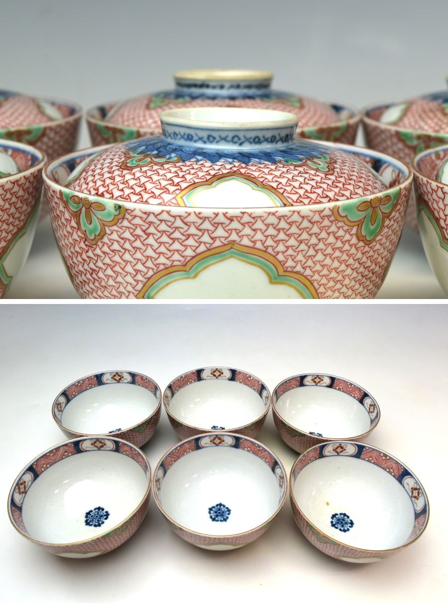 ご予約品 明治時代 古伊万里細密絵付け蓋茶碗 六客 高級和食器 本物
