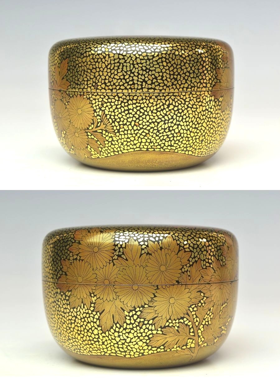 趣楽】 時代 細密上手 菊図蒔絵平棗 塗箱 描金師 色風 茶道具