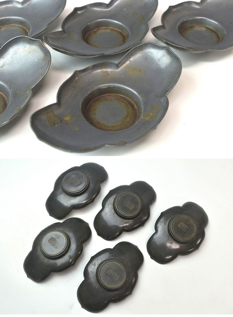 【豊富な100%新品】中国古玩　時代　錫材茶托五枚　在銘　幅１２， ７ｃｍ　総重量４０２ｇ　Ｓ１６８１ 錫製