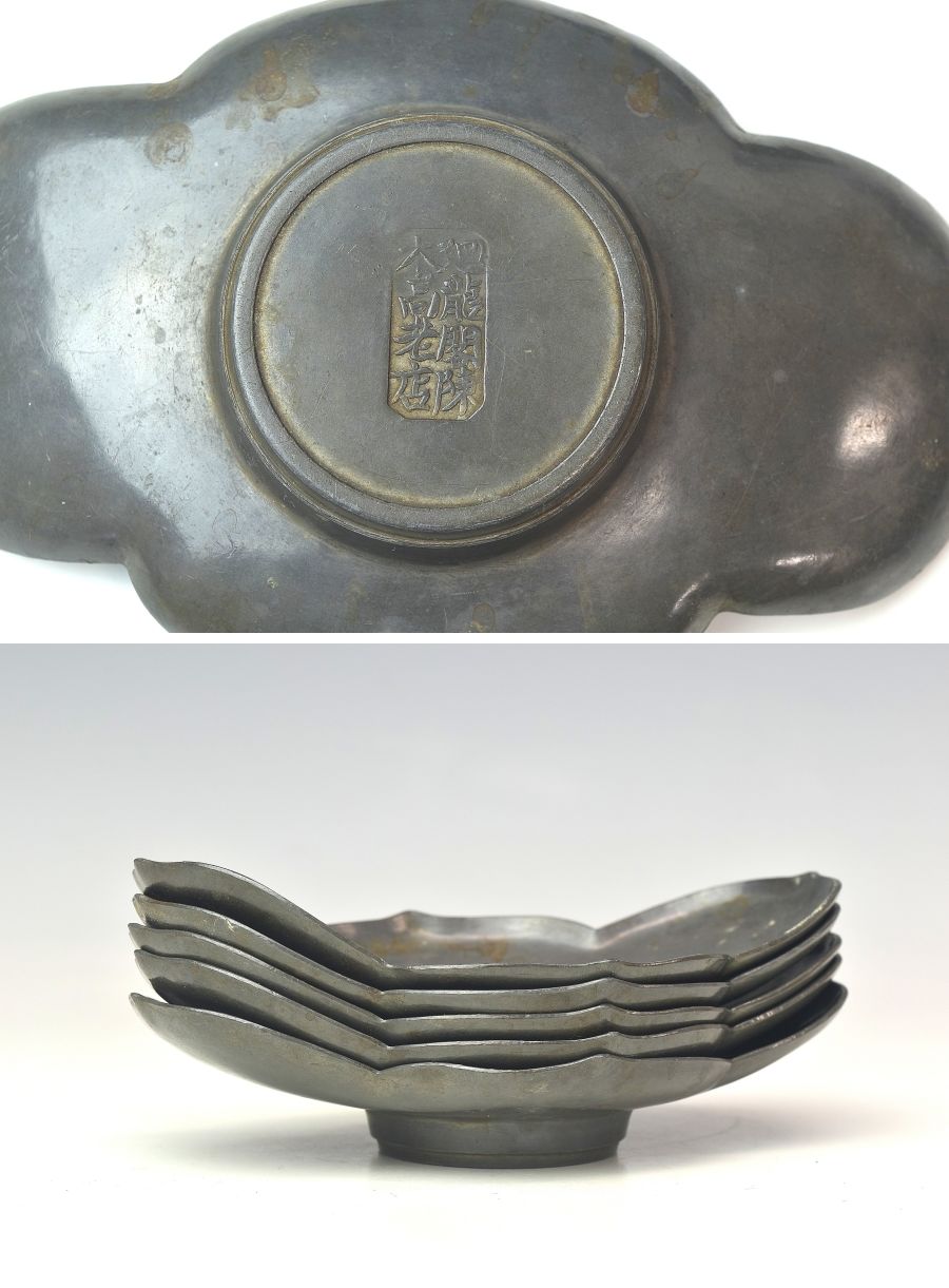 【豊富な100%新品】中国古玩　時代　錫材茶托五枚　在銘　幅１２， ７ｃｍ　総重量４０２ｇ　Ｓ１６８１ 錫製