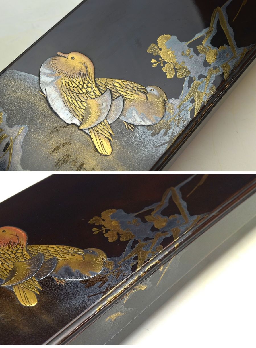 趣楽】 時代 花鳥図蒔絵短冊箱 幅38，3cm W1811 | 茶道具 共