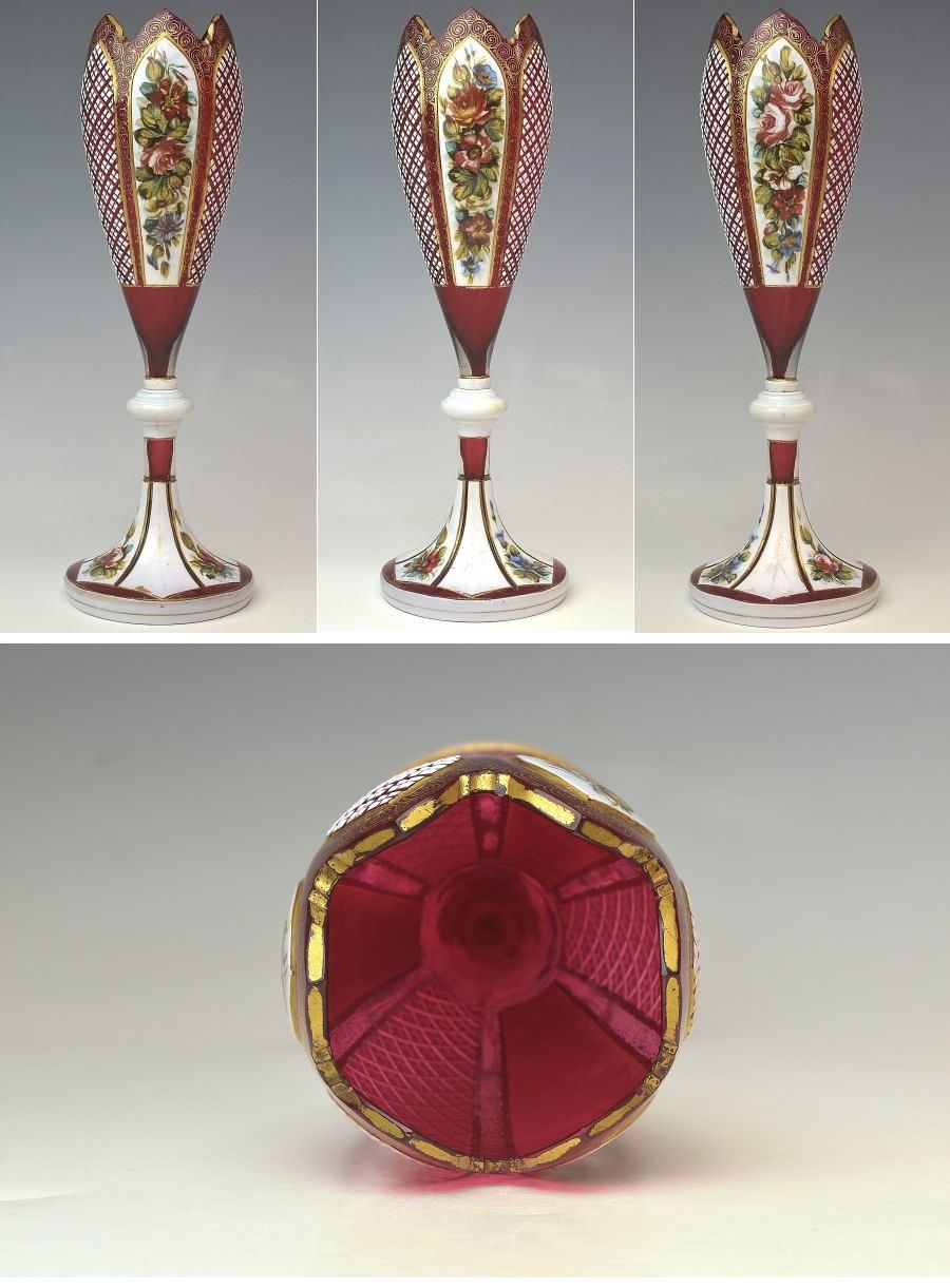 売り直営西洋美術　19世紀　ボヘミアンガラス　細密カット花図金彩花瓶　高さ２６ｃｍ　本物保証　Ｚ１７２１ 工芸ガラス