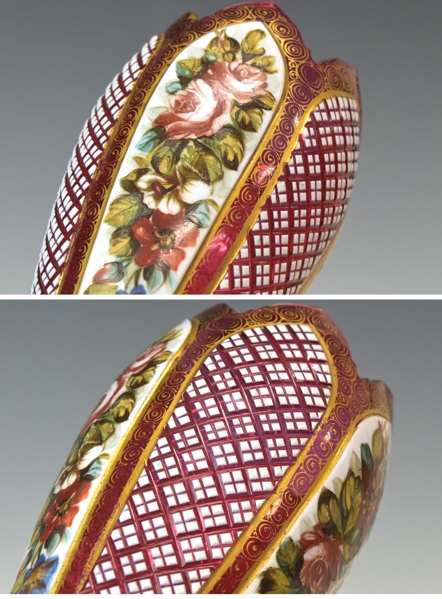 再入荷通販西洋美術　19世紀　ボヘミアンガラス　細密カット花図金彩花瓶　高さ２６ｃｍ　本物保証　Ｚ１７２１ 工芸ガラス