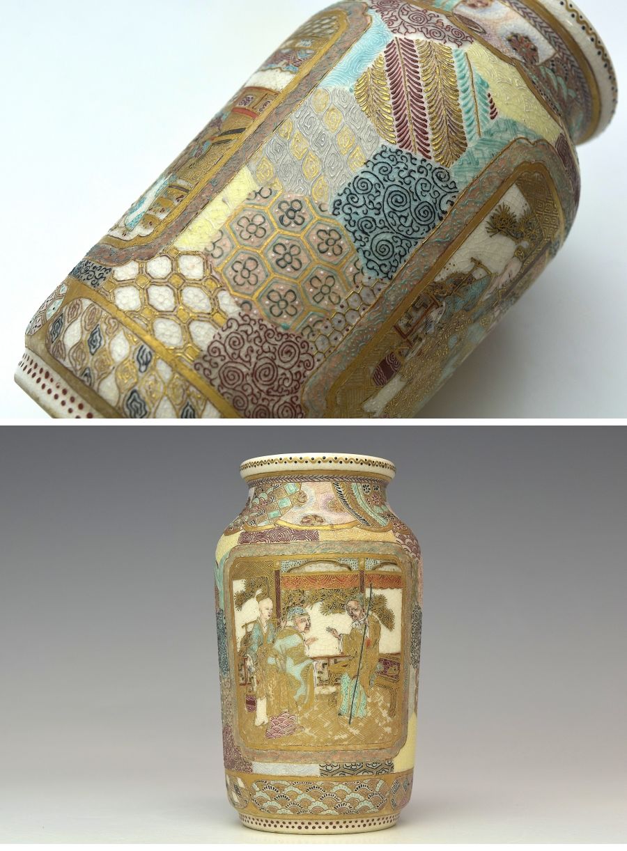 得価超激得明治時代　薩摩焼　人物に細密小紋花瓶　高さ１２， ３ｃｍ　本物保証　Ｚ１７３１ 薩摩