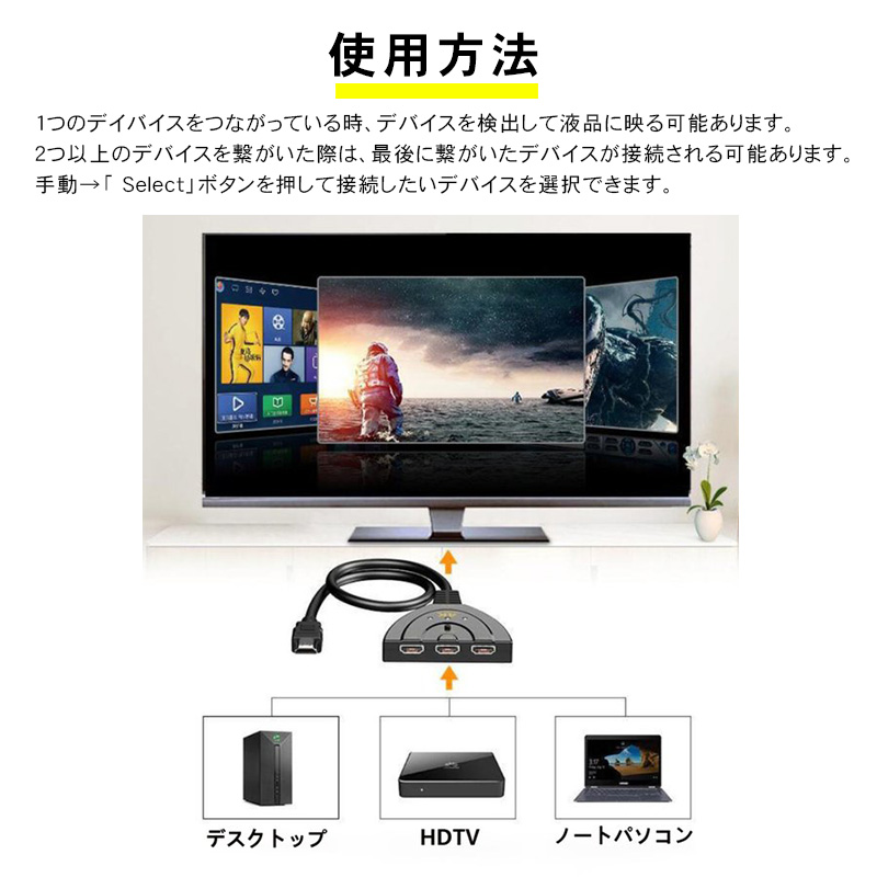 HDMI分配器 切替器 HDMIセレクター ディスプレイ 複数 テレビ PC ゲーム機 3入力 1出力 4k対応 3D映像 高画質 簡単接続 メス  オス アダプター 同時接続 :YYSYAP127:しゅうストア - 通販 - Yahoo!ショッピング