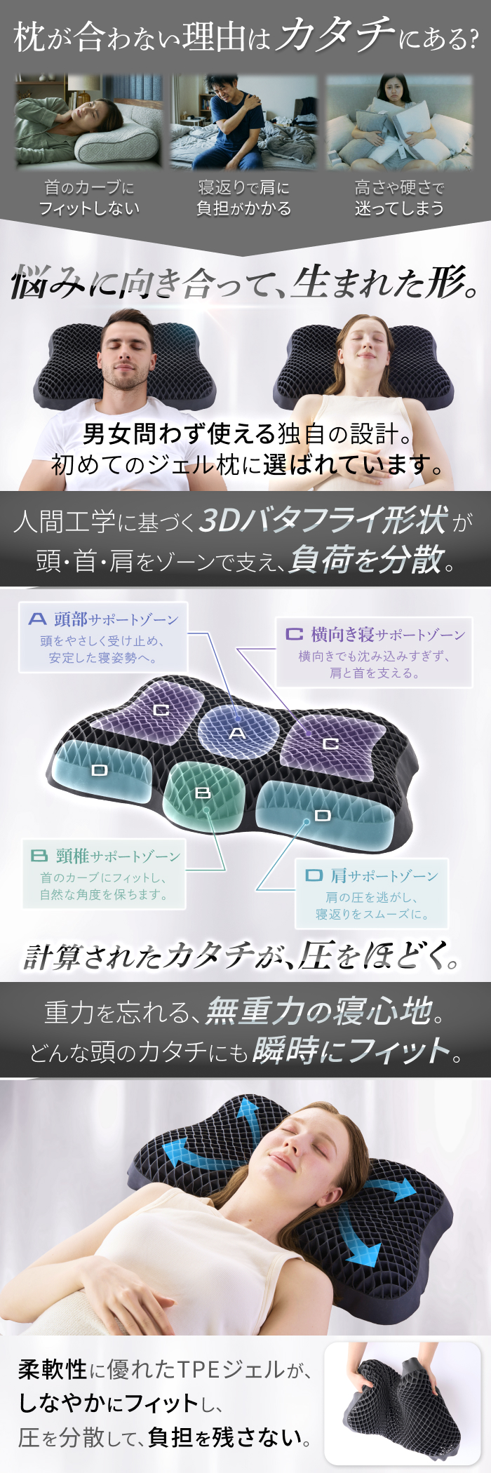 GOKUMIN 枕 バタフライ無重力ジェルピロー TPEジェル 3Dバタフライ形状