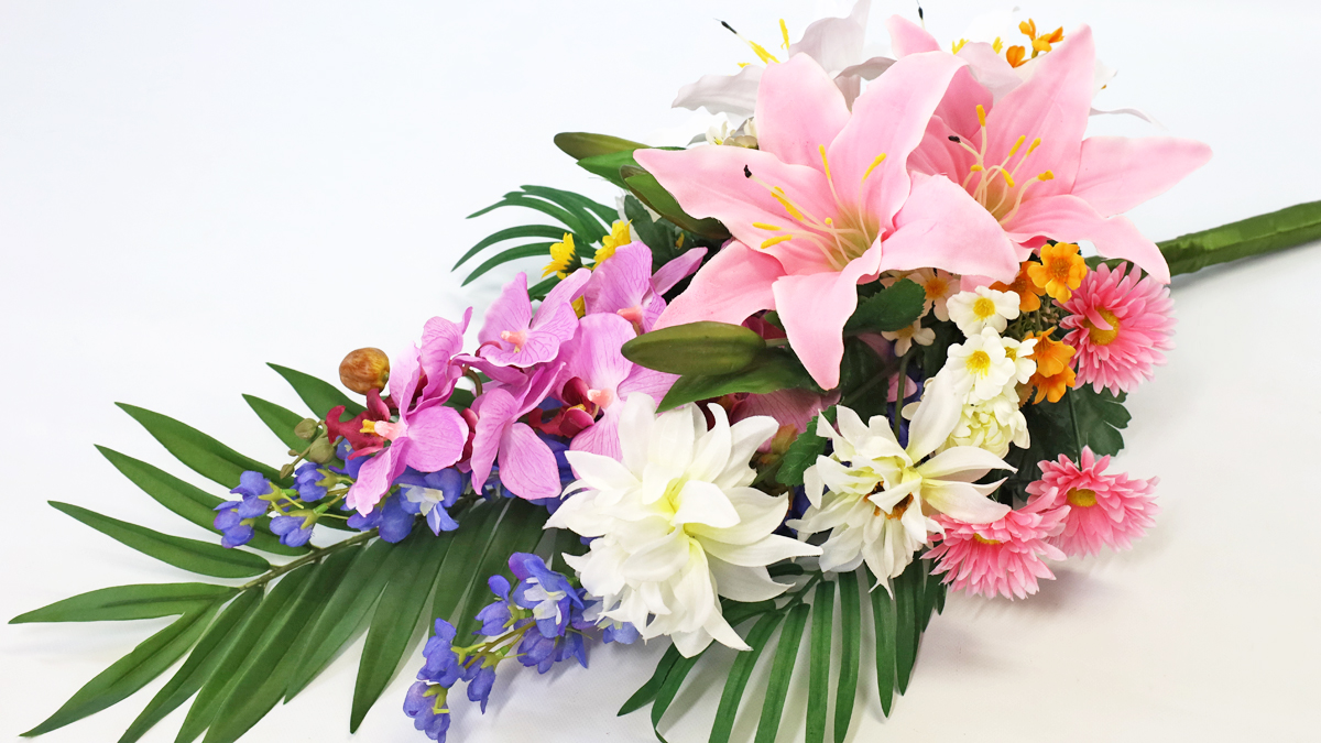 お供え花　仏花　ブルーダリア　白赤胡蝶蘭　百合　造花アレンジ 造花 仏花 胡蝶蘭やユリのパープル系の仏様の大きな花束 一本(一束) お