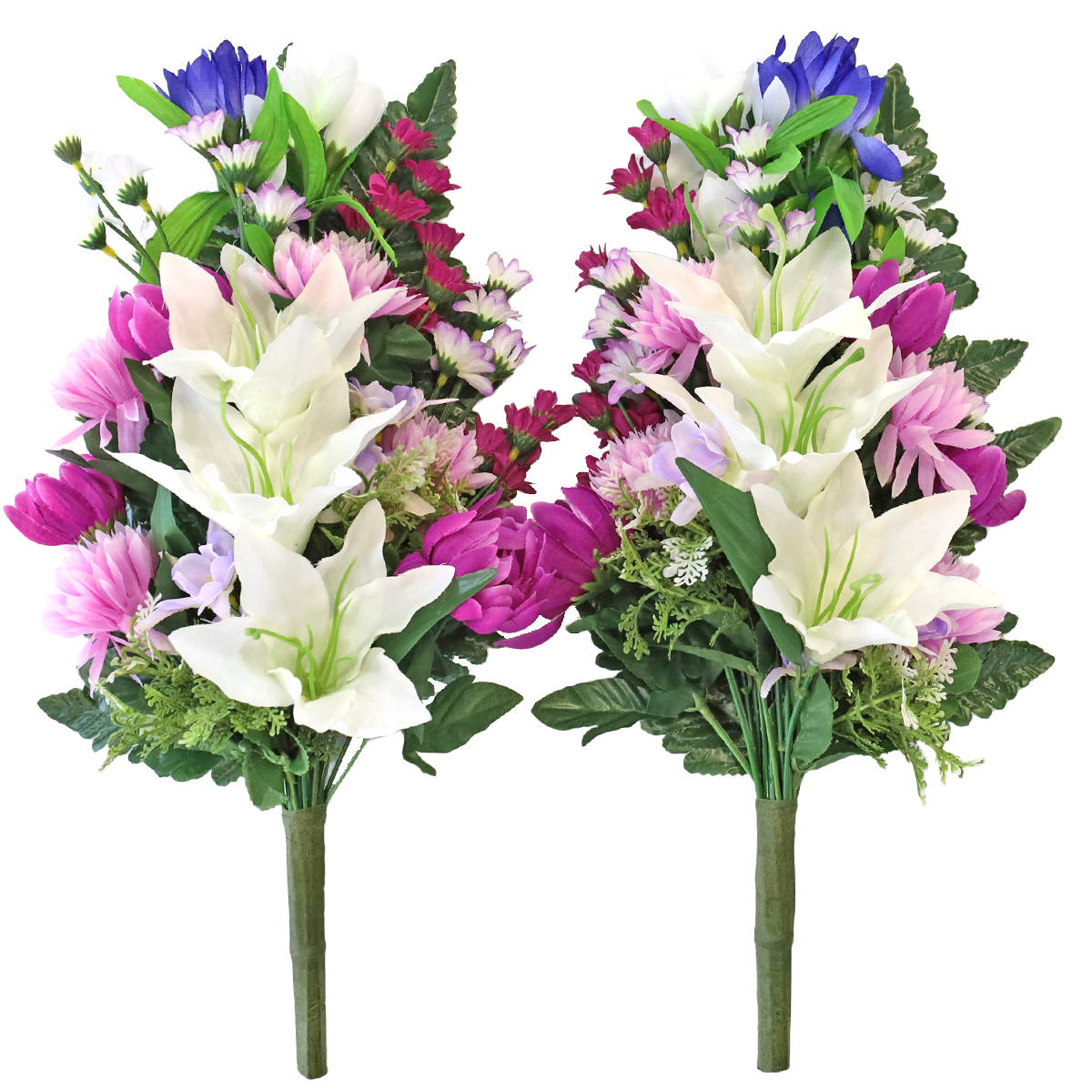 ユリと菊のお供え仏花、お盆花アレンジメント 仏花 造花 ユリとりんどうと小菊の花束一対 お仏壇 お墓用 CT
