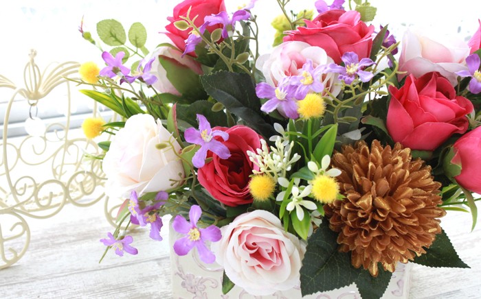 造花 ミモザとローズのアレンジ 敬老の日 シルクフラワー CT触媒