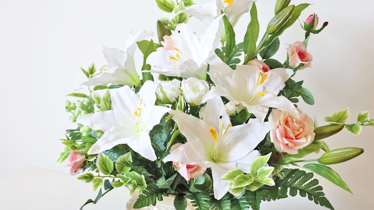 造花 インテリア 大きなユリとローズの横長アレンジ バラ お祝い 贈答
