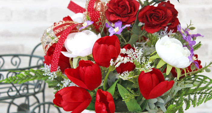 造花 赤いバラとチューリップのアレンジ 風水 東 ローズ シルク