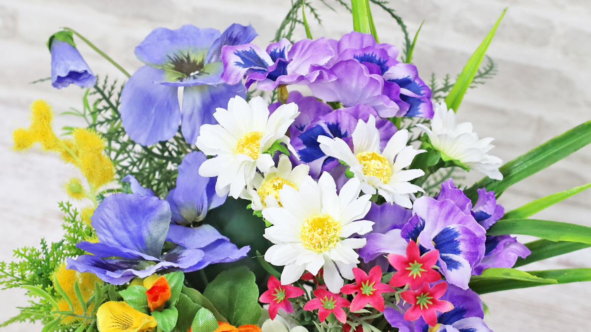 造花 デンファレとヴァイオレットパンジーのアレンジ シルクフラワー