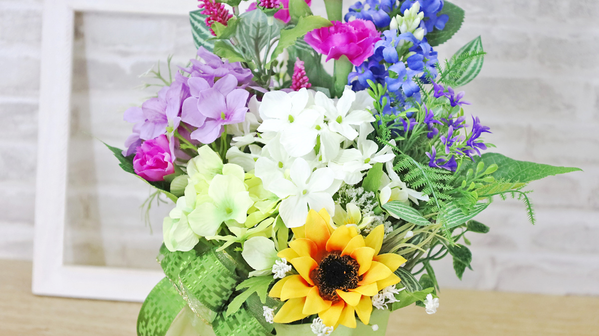 造花 あじさいとミニライラックのアレンジ アジサイ 紫陽花 シルク