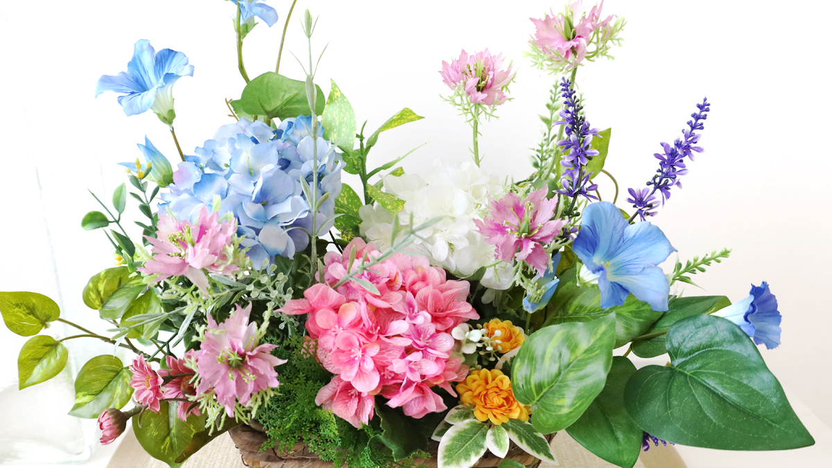 造花 ラベンダーとあじさいの夏のバスケットアレンジ 夏のアレンジ