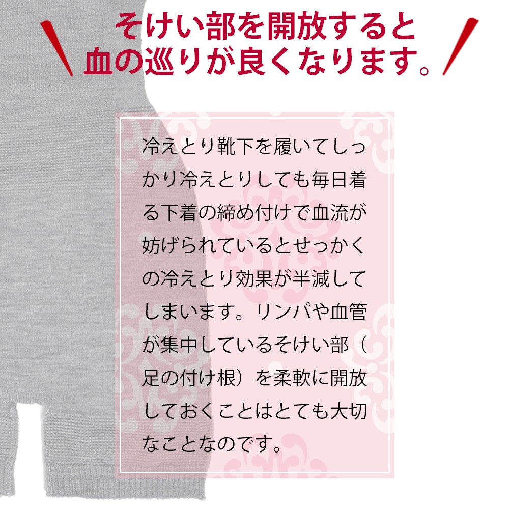 そけい部を開放すると血の巡りが良くなります。冷えとり靴下を履いてしっかり冷えとりしても毎日着る下着の締め付けで血流が妨げられているとせっかくの冷えとり効果が半減してしまいます。リンパや血管が集中しているそけい部（足の付け根）を柔軟に開放しておくことはとても大切なことなのです。