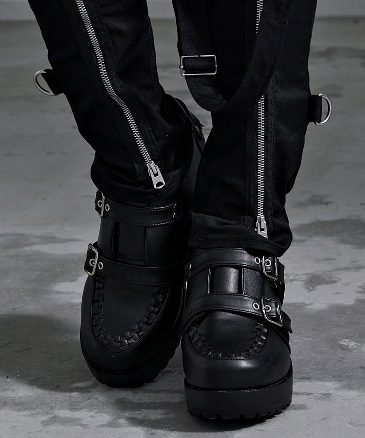 ブーツ メンズ レディース 厚底 ショート シューズ ヒール ベルト チェーン 黒 白 靴
