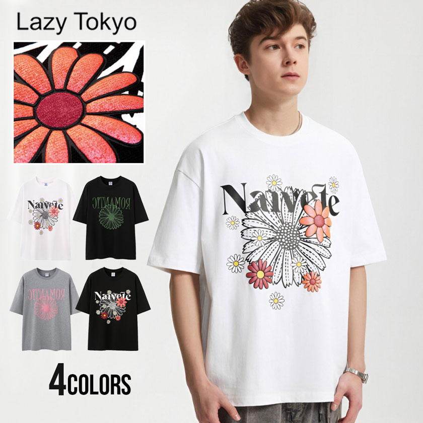 NON TOKYO 花柄プリント Tシャツ フリーサイズ 半袖 ユニセックス Lazy Tokyo Tシャツ メンズ 半袖 アメカジ ブランド 花柄