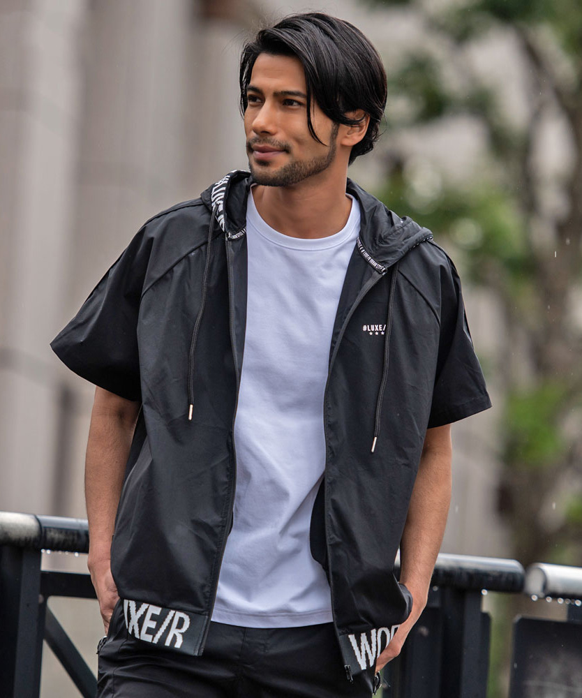 LUXE/R ダメージデニム　ストレッチジップアップパーカー LUXE/R パーカー メンズ 半袖 ブランド ジップパーカー ロゴ