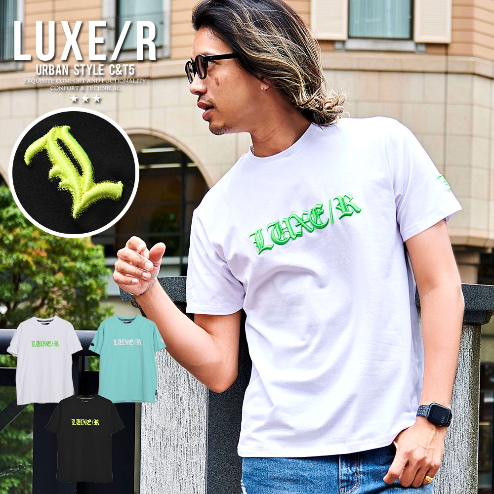 LUXE/R クルーネック クロス刺繍 半袖Tシャツ LUXE/R Tシャツ メンズ 半袖 ブランド コード刺繍 ロゴ 細身