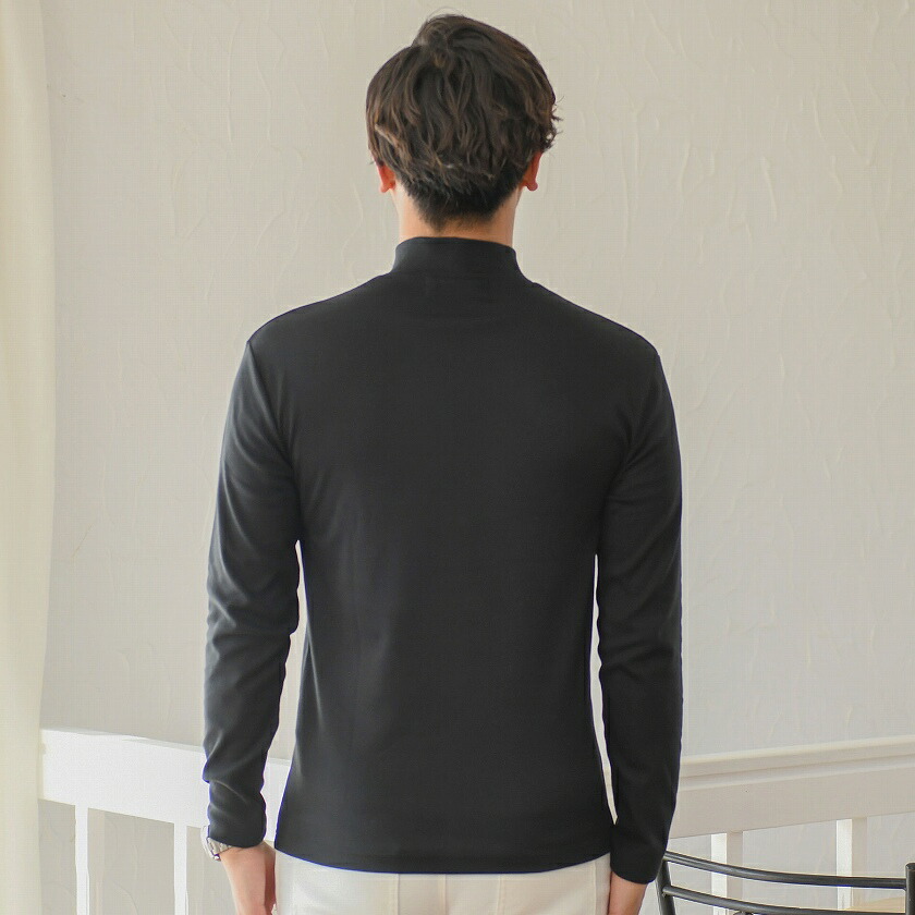 CavariA ロンT メンズ 長袖 Tシャツ 無地 白 黒 タートルネック