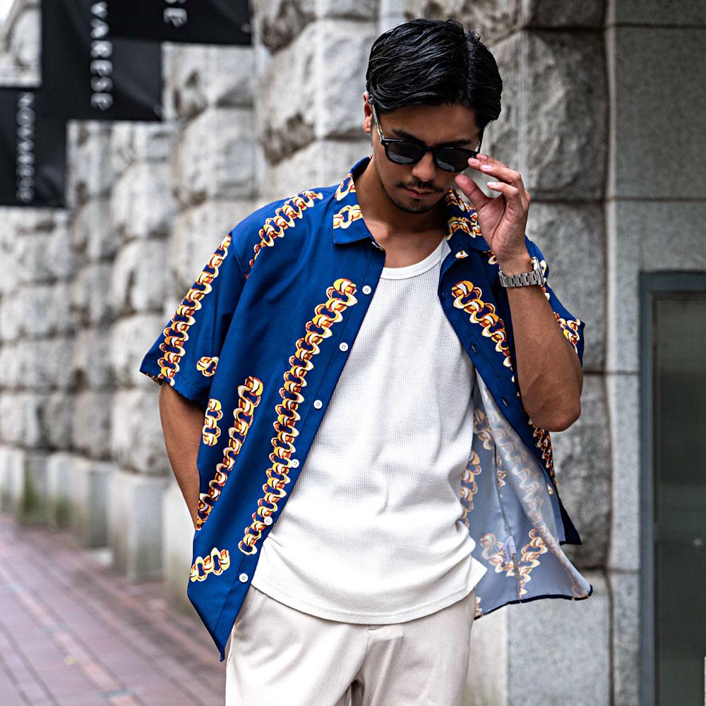 ROCAWEAR シャツ ビリヤード ワイシャツ プリント 総柄 ブルー ブロード LOUIS & CLERK