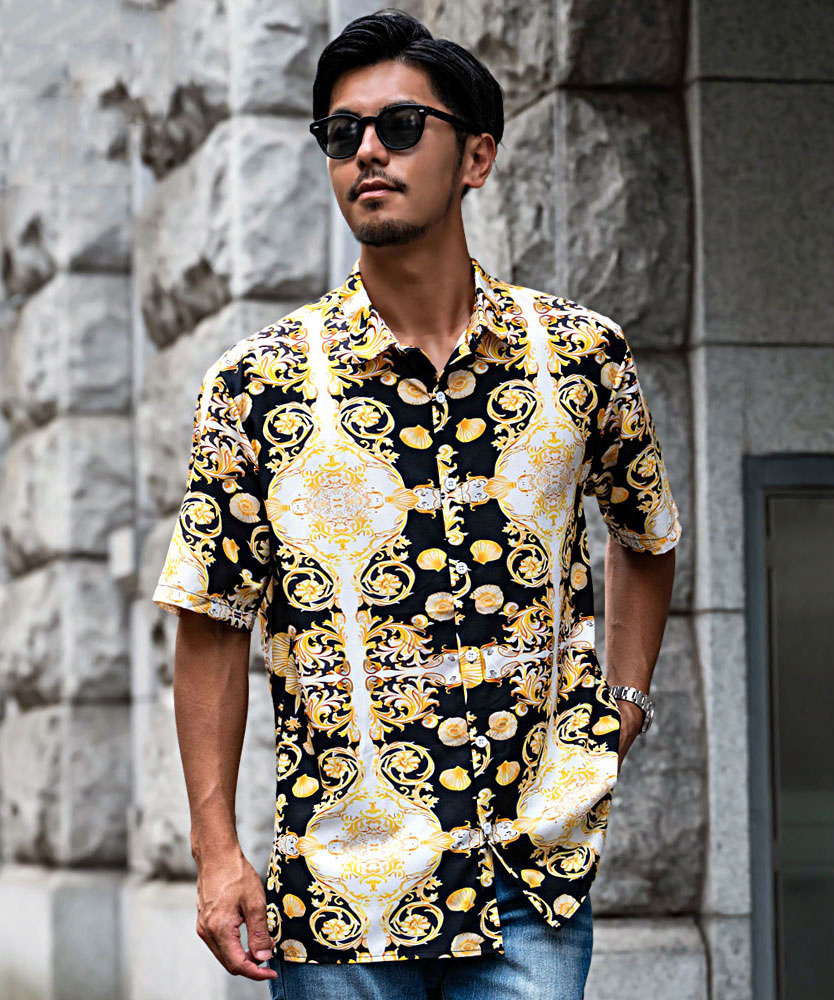 ROCAWEAR シャツ ビリヤード ワイシャツ プリント 総柄 ブルー ブロード LOUIS & CLERK